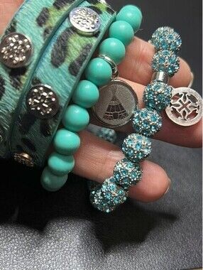B66231 3pc Rustic Cuff Turquoise Animal Beaded Crystal Charm Bracelet Stack